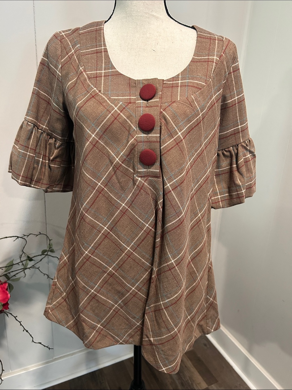 Plaid Scoop-Neck Tunic with Decorative Buttons in Brown
